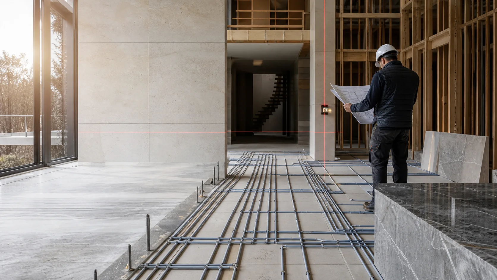 Engenheiro de capacete confere a planta dentro de uma residência em obra, com a tubulação hidráulica exposta sobre o contrapiso e o nível a laser projetado na parede.